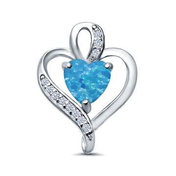 Heart Charm Pendant Lab Created Blue Opal & Simulated CZ 925 Sterling Silver